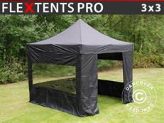 Tente pliable FleXtents PRO 3x3m Noir, avec 4 cotés