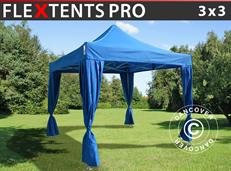 Tente pliable FleXtents PRO 3x3m Bleu, incl. 4 rideaux decoratifs
