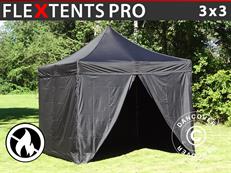 Tente pliable FleXtents PRO 3x3m Noir, Ignifugé, avec 4 cotés