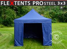 Tente pliable FleXtents PRO Steel 3x3m Bleu foncé, avec 4 cotés