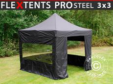 Tente pliable FleXtents PRO Steel 3x3m Noir, avec 4 cotés