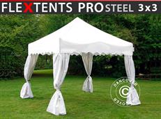 Tente pliable FleXtents PRO Steel "Wave" 3x3m Blanc, avec 4 rideaux decoratifs