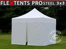Tente pliable FleXtents PRO Steel "Peaked" 3x3m Blanc, avec 4 cotés