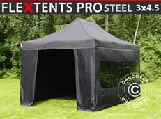 Tente pliable FleXtents PRO Steel 3x4,5m, Noir, avec 4 cotés