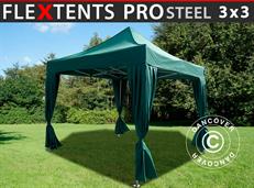 Tente pliable FleXtents PRO Steel 3x3m Vert, incl. 4 rideaux decoratifs