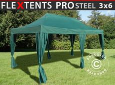 Tente pliable FleXtents PRO Steel 3x6m Vert, incl. 6 rideaux decoratifs