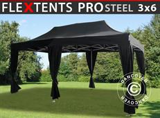 Tente pliable FleXtents PRO Steel 3x6m Noir, incl. 6 rideaux decoratifs