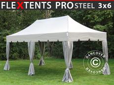 Tente pliable FleXtents PRO Steel "Peaked" 3x6m Latte, avec 6 rideaux decoratifs