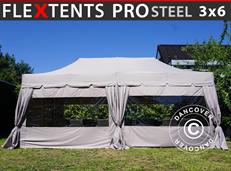 Tente pliable FleXtents PRO Steel "Peaked" 3x6m Latte, incl. 6 parois latérales et 6 rideaux décoratifs
