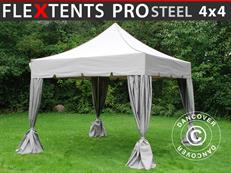 Tente pliable FleXtents PRO Steel "Peaked" 4x4m Latte, avec 4 rideaux decoratifs