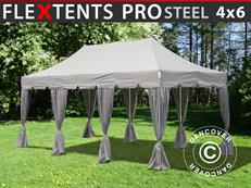 Tente pliable FleXtents PRO Steel "Peaked" 4x6m Latte, avec 8 rideaux décoratifs