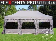 Tente pliable FleXtents PRO Steel "Peaked" 4x6m Latte, avec 8 cotés & rideaux décoratifs