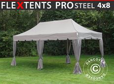 Tente pliable FleXtents PRO Steel "Peaked" 4x8m Latte, avec 6 rideaux decoratifs