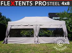 Tente pliable FleXtents PRO Steel "Peaked" 4x8m Latte, incl. 6 parois latérales et 6 rideaux décoratifs