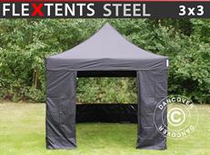 Pop up gazebo FleXtents Steel 3x3 m Black, incl. 4 sidewalls