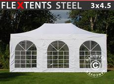 Gazebo pieghevole FleXtents Steel 3x4,5m, Bianco, inclusi 4 fianchi