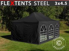 Gazebo pieghevole FleXtents Steel 3x4,5m, Nero, incl. 4 fianchi