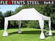 Pop up gazebo FleXtents Steel 3x4.5 m, White, incl. 4 decorative curtains