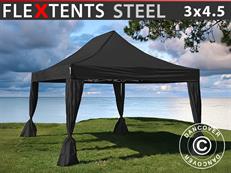 Gazebo pieghevole FleXtents Steel 3x4,5m, Nero, incl. 4 tendaggi decorativi