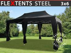 Gazebo pieghevole FleXtents Steel 3x6m Nero, incl. 6 tendaggi decorativi