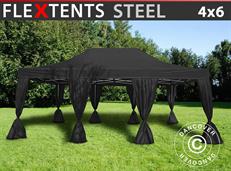 Tente pliable FleXtents Steel 4x6m Noir, incl. 8 rideaux decoratifs