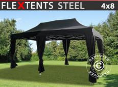 Tente pliable FleXtents Steel 4x8m Noir, incl. 6 rideaux decoratifs