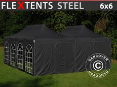 Tente pliable FleXtents Steel 6x6m Noir, 8 parois latérales inclus