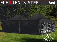 Tente pliable FleXtents Steel 8x6m Noir, 8 parois latérales inclus