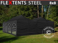 Tente pliable FleXtents Steel 8x8m Noir, 8 parois latérales inclus
