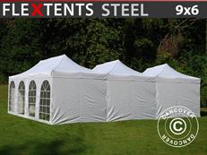 Tente pliable FleXtents® Steel 9x6m Blanc, incl. 8 parois latérales