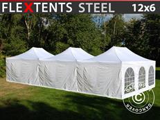 Tente pliable FleXtents® Steel 12x6m Blanc, incl. 8 parois latérales