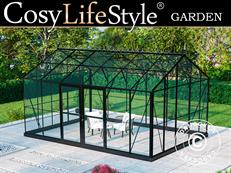 Invernadero, orangerie en cristal 16,5m², 4,45x3,71x3,16m con base y cumbrera, Negro