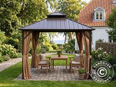 Cenador de jardín Santa Fe Steel+ con cortinas y mosquitera, 3x3m, Marrón