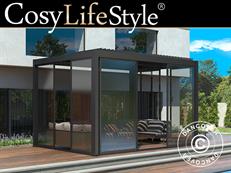 Cenador pérgola bioclimática San Pablo Alu+ con puertas correderas, 3x4m, Negro
