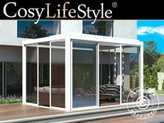 Cenador pérgola bioclimática San Pablo Alu+ con puertas correderas, 3x4m, Blanco
