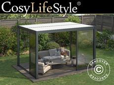 Cenador pérgola bioclimática San Pablo Alu+ con puertas correderas, 4x4m, Blanco/Negro