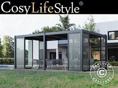 Pergola bioclimatique San Pablo Alu+ avec portes coulissantes, 3x5,8m, Noir