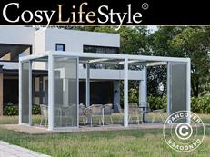 Pergola bioclimatique San Pablo Alu+ avec portes coulissantes, 3x5,8m, Blanc