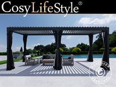 Cenador pérgola bioclimática Monterey, 4x8m, con cortinas y mosquitera, Negro