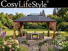 Tonnelle de jardin Santa Clarita avec rideaux, 3,6x4,6m, Finition bois