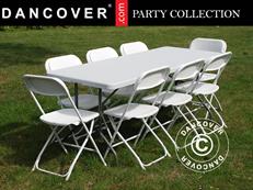 Parti forfait, 1 table pliante (180cm) + 8 chaises pliantes, Gris clair/Blanc