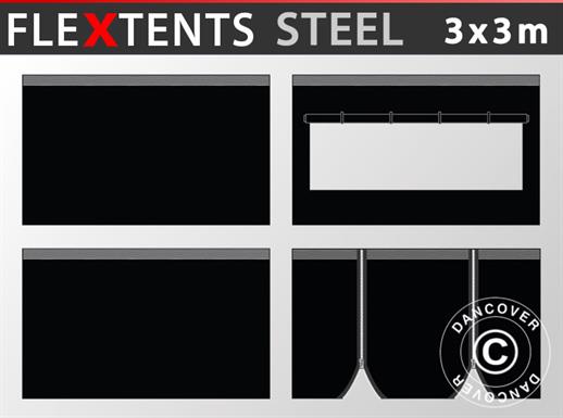 Sivuseinäpaketti pikateltoille FleXtents Steel ja Basic v.3 3x3m, Musta