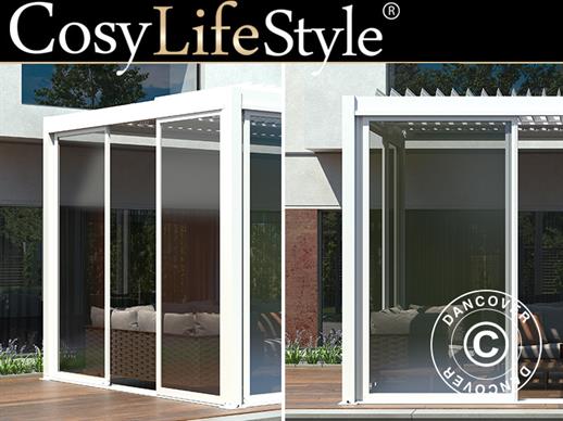 Sliding door set w/glass for pergola San Pablo, 3 m, White