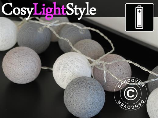 Guirlande boule coton, LED, Gemini, 30 LED, Camaïeu de gris