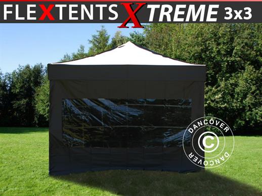 Vouwtent/Easy up tent FleXtent Xtreme 3x3m Zwart, inkl. 4 Zijwanden