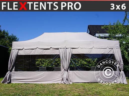 Tenda dobrável FleXtents PRO "Peaked" 3x6m Latte, com 6 paredes laterais e 6 cortinas decorativas