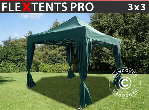 Prekybinė palapinė FleXtents PRO 3x3m Zalia, įsk. 4 dekoratyvinėmis užuolaidomis