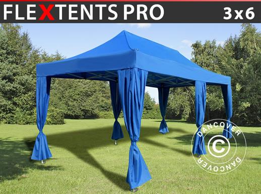 Gazebo pieghevole FleXtents PRO 3x6m Blu, incl. 6 tendaggi decorativi
