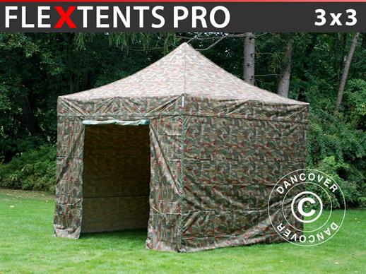 Tente pliante FleXtents PRO 3x3m Camouflage, avec 4 cotés