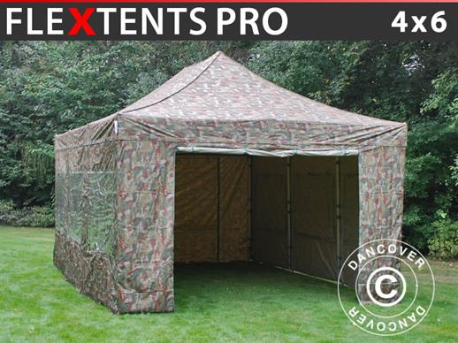 Faltzelt FleXtents PRO 4x6m Camouflage, mit 8 Seitenwänden